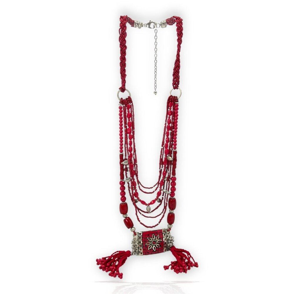 CHICO'S Red Long Beaded Necklace Multi Strand Silver Boho Braided Statement